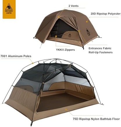 OneTigris COSMITTO 2 Person Backpacking Tent Shelter- Free Standing Lightweight Waterproof 3 Season Camping Tent for Outdoor Hiking Mountaineering