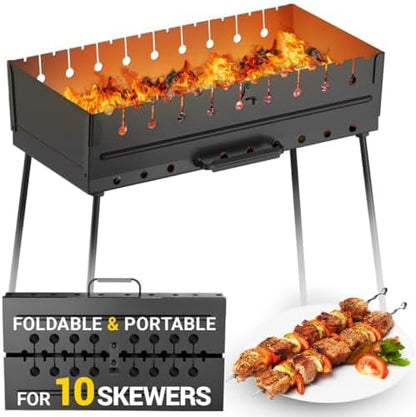 Charcoal Grill for 10 Skewers - Portable Barbecue Kabob Camp Grills - Foldable Metal Mangal - Kebab Shish BBQ for EDC Picnic Outdoor Cooking Camping Hiking (Skewers Not Included)