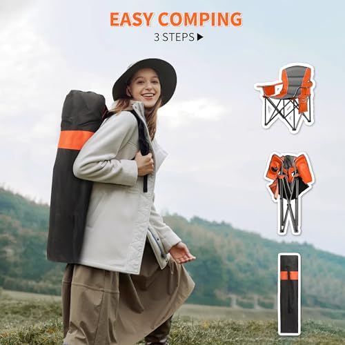 2 Pack Padded Oversized Camping Chairs for Adults,Heavy Duty Support 400 Lbs,Folding Portable Lawn Chair w/Cup Holder,Cooler Bag,Side Pocket,Perfect for Outdoor Picnic,Hiking(Orange&Blue)