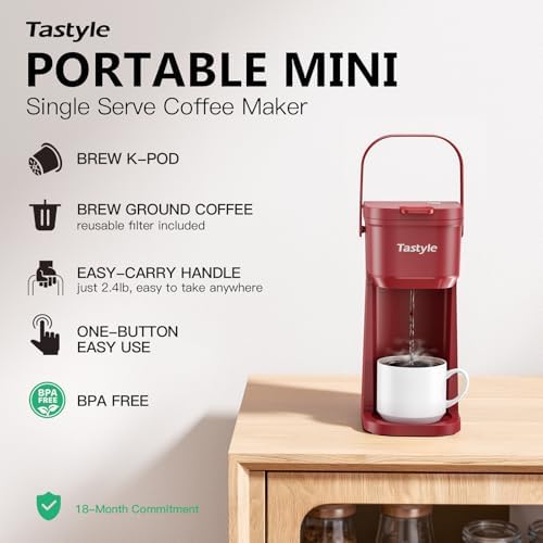 Tastyle Mini Single Serve Coffee Maker for K Cups and Grounds with Handle