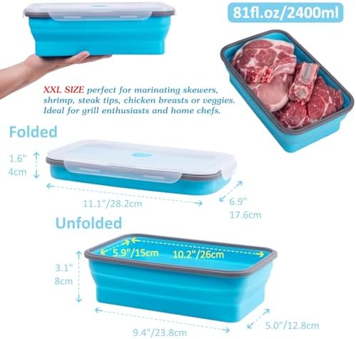 Extra Large Collapsible Food Storage Containers with Lid & Air Vent, 81 oz, 4 Pack, XXL Collapsible Marinade Container BBQ Prep Foldable Silicone Containers, Microwave Freezer Dishwasher Safe, Blue