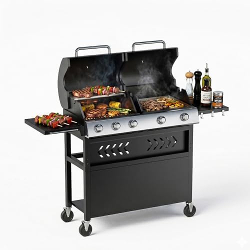 5-Burner Propane Gas Griddle – 40,000 BTU Convertible Flat Top Grill with Hood & Removable Cart – Portable for Camping, Tailgating, Backyard