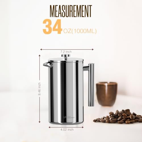 Utopia Kitchen 304 Grade Stainless Steel French Press 34 Oz, Silver