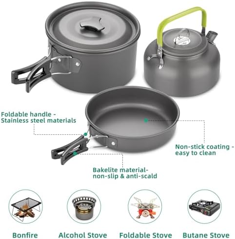 17pcs Camping Cookware Kit, Nonstick Pots Pans and Kettle Set