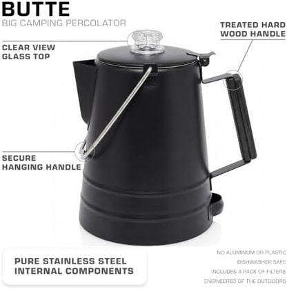 COLETTI Butte & Scoutmaster Coffee Percolator Camping — Percolator Coffee Pot, NO Aluminum or Plastic (Black, 14 Cup)