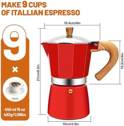 9 Cup Aluminum Espresso Stovetop Moka Pot Express Coffee Maker Percolator Italian Classic Mocha Coffee Machine for Italian and Cuban Cafe Brewing for Home & Camping 450ml 15oz