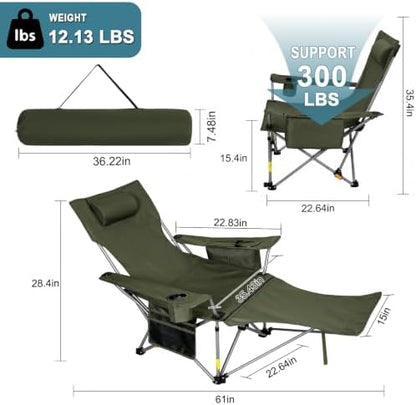 Romswi 2Pack 4-Position Reclining Camping Chair with Removable Footrest, 2-in-1 Adjustable Portable Lounge Chair with Cooler Bag, Cup Holder, Side Pockets & Carry Bag for Outdoor, Olive Green