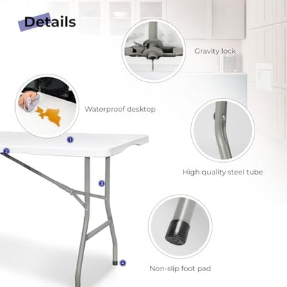 6ft Folding Table, Portable Heavy Duty Plastic Table for Party, White