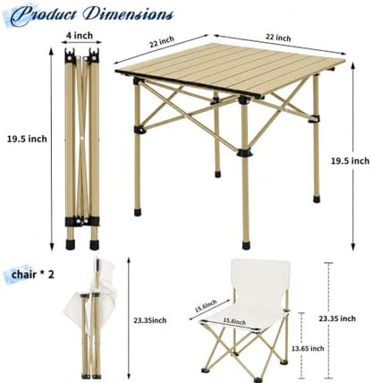 Camping Table with 2 Chairs, Portable Folding Picnic Table Set-Beige