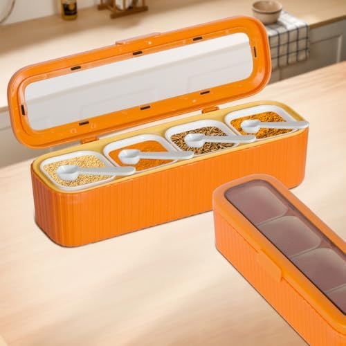 Clear Seasoning Box, 4 Packs Seasoning Rack Spice Pots, Condiment Jars Seasoning Box with Clear Covers and Spoons for Spice, Sugar, Salt, Pepper, Garlic Powder (Orange)