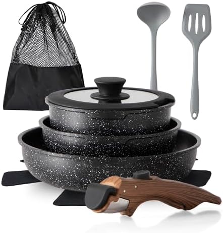 DishDelight Removable Handle Pots and Pans, 10 Piece Cookware Set Non Stick