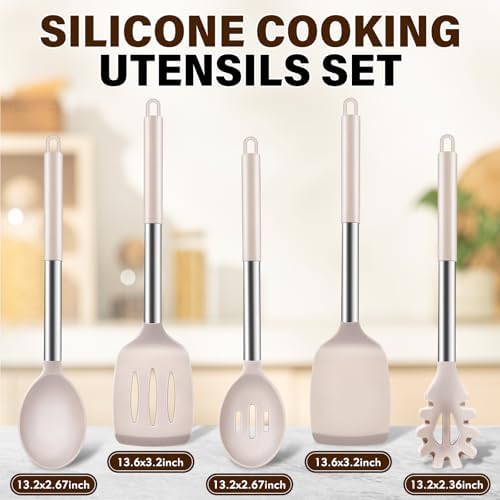 5Pcs Silicone Cooking Utensils Set, Heat Resistant Kitchen Tools Include Solid&Slotted Spatula, Cooking Spoon and Pasta Server, Silicone Kitchen Utensils set for Nonstick Cookware Flipping, Khaki