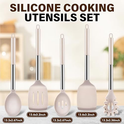 5Pcs Silicone Cooking Utensils Set, Heat Resistant Kitchen Tools Include Solid&Slotted Spatula, Cooking Spoon and Pasta Server, Silicone Kitchen Utensils set for Nonstick Cookware Flipping, Khaki