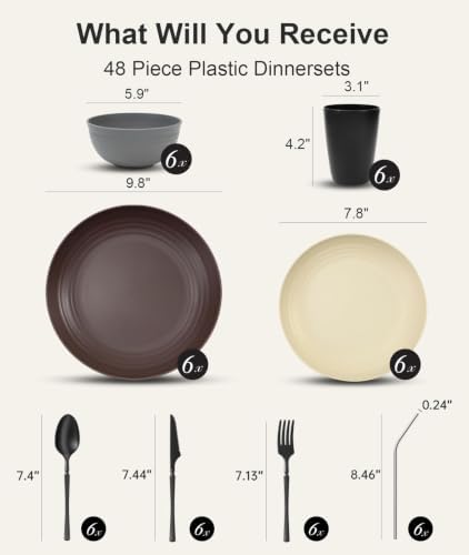 Quatish 48 Piece Plastic Plates and Bowls Sets for 6, Dinnerware Sets Brown