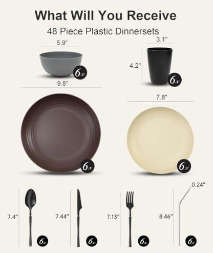Quatish 48 Piece Plastic Plates and Bowls Sets for 6, Dinnerware Sets Brown