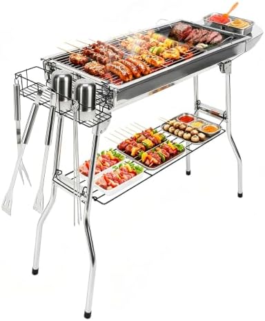 Portable Charcoal Grill, Large Outdoor BBQ Grill with Storage Shelf