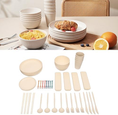 4 People Dinnerware Sets, Shatterproof Plates Bowls Cups Set, Lightweight Storage Box with Dishwasher & Microwave Safe, Ideal for Home, Camping, Picnic & Party