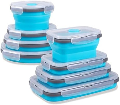 8 Pack Collapsible Food Storage Containers with Lids, Silicone Collapsible Food Containers, Collapsible Storage Containers Sets for Snack Camping RV, Microwave Freezer Dishwasher Safe, Blue