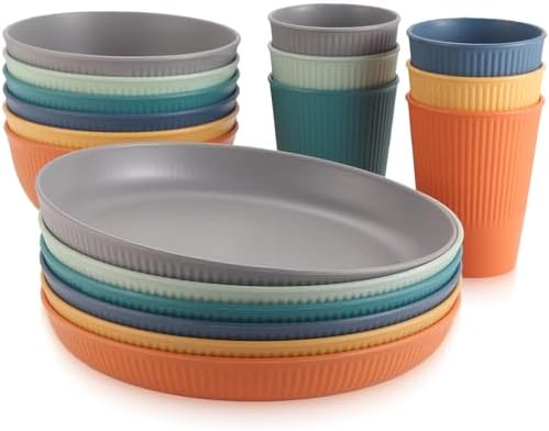 Anbte 18pcs Plastic Camping Plates and Bowls Sets for 6, Unbreakable