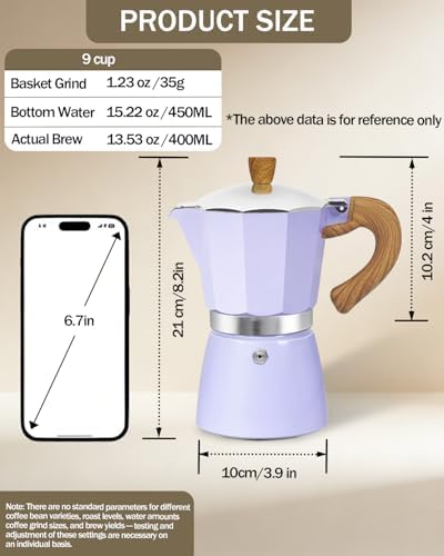 Coffee Maker Stovetop Espresso Maker 9 Cup Aluminum Moka Pot Percolator 15oz 450ml Easy Brewing for Electric Ceramic Stoves Home Camping Italian Cuban Café Classic Purple