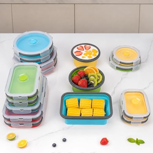 Collapsible Food Storage Containers with Lid & Air Vent, 8 Pack, 4 Rectangular + 4 Round, Annaklin Foldable Silicone Lunch Containers Collapsible Bowls Set, Microwave Freezer Dishwasher Safe, 4 Colors