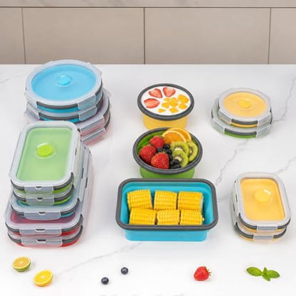 Collapsible Food Storage Containers with Lid & Air Vent, 8 Pack, 4 Rectangular + 4 Round, Annaklin Foldable Silicone Lunch Containers Collapsible Bowls Set, Microwave Freezer Dishwasher Safe, 4 Colors