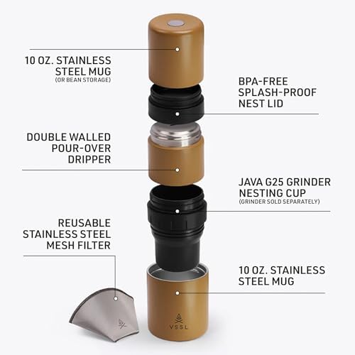 VSSL - Nest Pour Over Coffee Kit | Coffee Maker for Camping | All-In-One Travel Pour Over | Transportable Dripper, Two 10oz Stainless Steel Travel Mugs | Compact Storage & Adventure Ready | Sahara