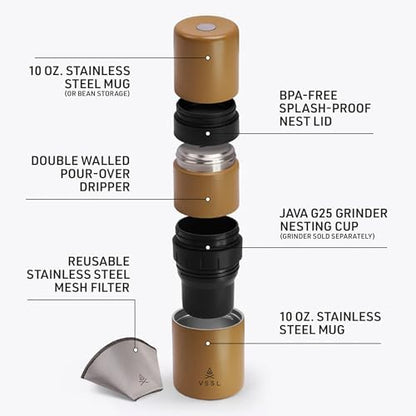 VSSL - Nest Pour Over Coffee Kit | Coffee Maker for Camping | All-In-One Travel Pour Over | Transportable Dripper, Two 10oz Stainless Steel Travel Mugs | Compact Storage & Adventure Ready | Sahara