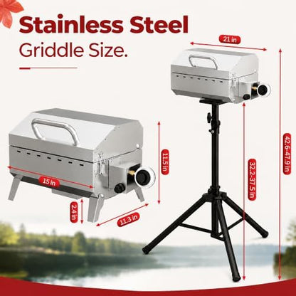 Tabletop Gas Griddle with Foldable Tripod, Stainless Steel Grill