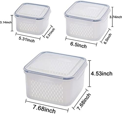 3Pack Fridge Food Storage Container Set with Lids with Strainer, Fruit Vegetable Storage Containers Keep Fruits, Vegetables, Berry, Meat Fresh longer, BPA-Free Plastic Produce Keepers