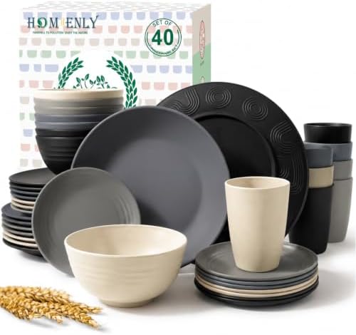 Homienly 40 PCS Wheat Straw Dinnerware Sets Dishes Set for 8 Unbreakable Plates and Bowls Sets for Kitchen Dishwasher and Microwave Safe Plate Set Camping, Apartment, Kids-Grey Stone