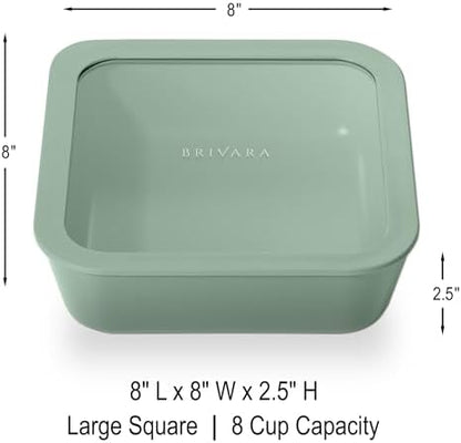 Glass Food Storage Container with Lid, 8-Cup Large Square | Microwave-Safe Airtight Lid, Oven-Safe Ceramic-Coated Glass | Zero Plastic, No PFAS/PFOA/BPA, Reusable [Willow]