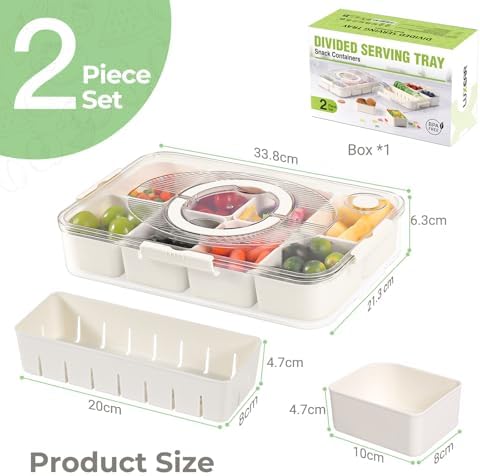 LUXEAR 2Pack 8-Compartment Snackle Box - Airtight Leakproof Divided Food Tray with Lid & Handle, BPA-Free Dishwasher Safe for Picnic, Fridge, Travel, Party, Ideal for Charcuterie & Food Storage
