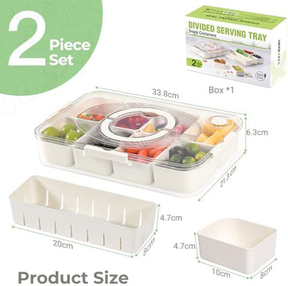 LUXEAR 2Pack 8-Compartment Snackle Box - Airtight Leakproof Divided Food Tray with Lid & Handle, BPA-Free Dishwasher Safe for Picnic, Fridge, Travel, Party, Ideal for Charcuterie & Food Storage
