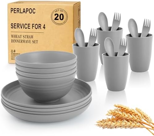 Wheat Straw Dinnerware Sets, 20 PCS Service for 4, Dishwasher & Microwave Safe Kids Plates and Bowls Sets, Unbreakable Lightweight Outdoor Camping Dishes - Gray