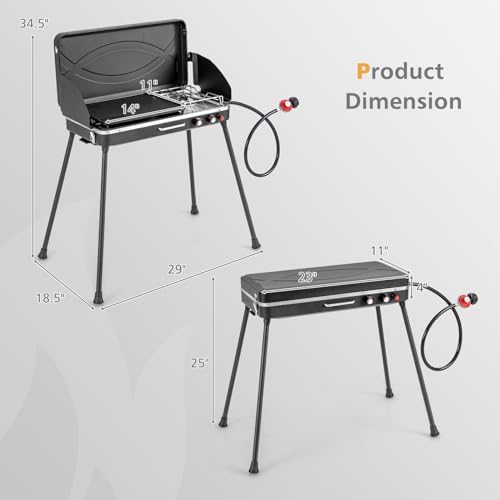 2-Burner Gas Camping Stove, Portable BBQ Grill with Detachable Legs, Roast Grill & 3-Sided Wind Screen, 22,000 Total BTUs of Power, Outdoor Propane Burner Grill Stove for Picnic (Black)