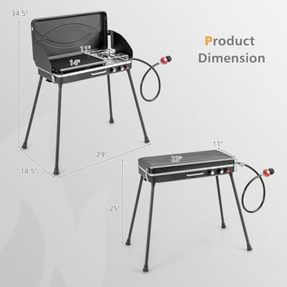 2-Burner Gas Camping Stove, Portable BBQ Grill with Detachable Legs, Roast Grill & 3-Sided Wind Screen, 22,000 Total BTUs of Power, Outdoor Propane Burner Grill Stove for Picnic (Black)