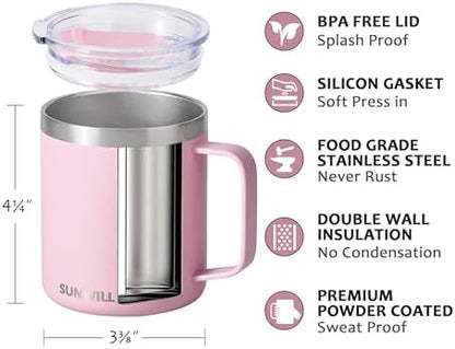 SUNWILL Insulated Coffee Mug with Lid, Travel Tumbler Reusable, 14 oz Stainless Steel Cup for Camping, Office, Home, Powder Coated Sakura