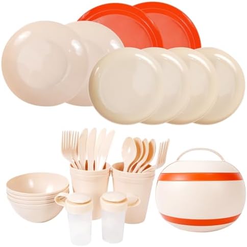 Camping Dishes Picnic Set, 31 Pcs Plastic Dinnerware Dishes Sets for 4