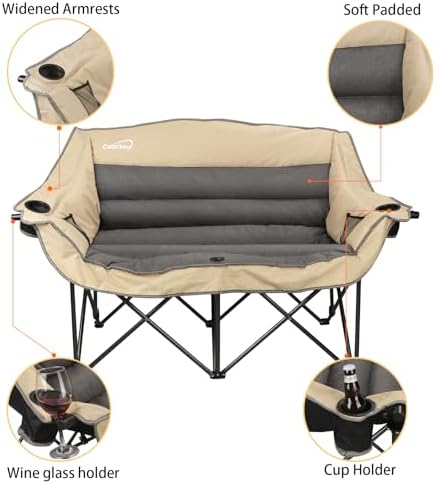 Double Folding Camping Chair Fully Padded Loveseat Camping Couch Oversized 2 Person Lawn Chair Sofa w/Cup Holder,Wine Glass Holder,Mesh Storage for Patio Picnic Beach,Support 600lbs,Beige