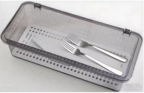 Flatware Tray Kitchen Drawer Organizer With Lid And Drainer - Plastic Kitchen Cutlery Tray and Utensil Storage Container with Cover - Dinnerware Holder for Spoons Forks Knives 10.0x4.3x2.8