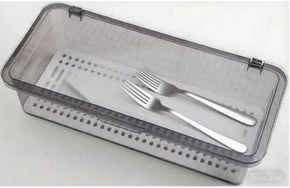 Flatware Tray Kitchen Drawer Organizer With Lid And Drainer - Plastic Kitchen Cutlery Tray and Utensil Storage Container with Cover - Dinnerware Holder for Spoons Forks Knives 10.0x4.3x2.8