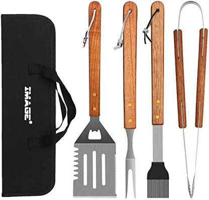 IMAGE Wooden BBQ Accessories Grill Sets,Stainless Steel BBQ Grill Tools Utensils Set for Outdoor Grilling, Cooking, Backyard Barbecue & Camping Gift for Man Dad Women Barbecue Enthusiasts Set of 4
