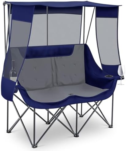 Teenyyou Double Camping Chair with Canopy 660lbs Heavy Duty, Blue and Grey