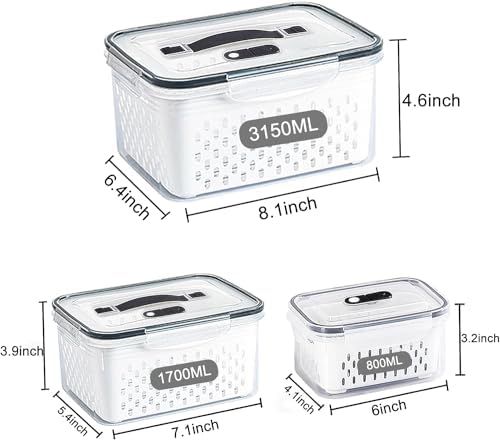 Fruit Storage Containers for Fridge with vent holes and handle，Airtight Food Storage Containers Keep Fruits, Vegetables, Berry, Meat Fresh longer,BPA-free Fridge Storage Container with Lid (3 Pack)