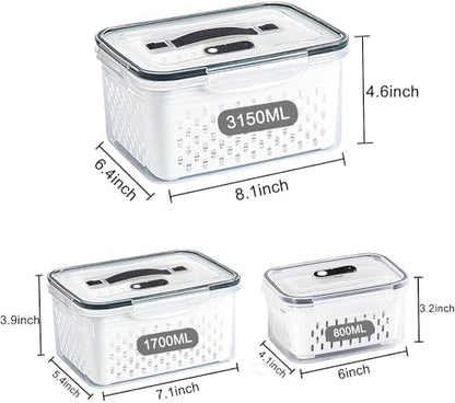 Fruit Storage Containers for Fridge with vent holes and handle，Airtight Food Storage Containers Keep Fruits, Vegetables, Berry, Meat Fresh longer,BPA-free Fridge Storage Container with Lid (3 Pack)