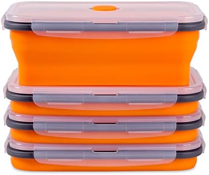 Collapsible Food Storage Containers with Airtight Lid & Vent, 40.5 oz, Kitchen Stacking Silicone Collapsible Meal Prep Container Set for Leftover, Microwave Freezer Dishwasher Safe, Orange, Set of 4
