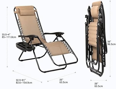 Nazhura Set of 2 Relaxing Recliners Patio Chairs Adjustable Steel Mesh Zero Gravity Lounge Chair Beach Chairs with Pillow and Cup Holder Khaki (Kahki)