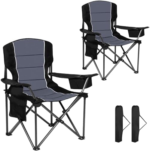 Oversized Padded High Back Camping Chairs,2 Pcs Heavy Duty Folding Chairs Support 500LBS with Cooler Bag,Cup Holder Cooler Bag, Collapsible Chairs for Outdoor, Tailgate, Fishing, Black