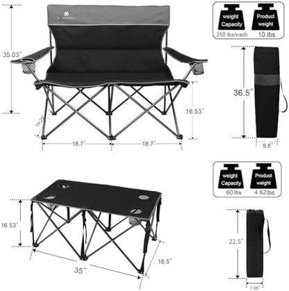 Camping Chair Set of 3, Outdoor Folding Camping Chairs for Heavy People with Cup Holder & Carry Bag,Collapsible Chair Include One Sofa Chair and Two Single Chair,Support up to 500lbs